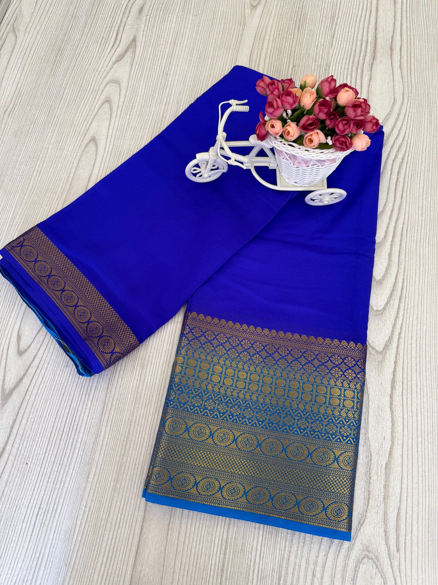 Navy blue & Sky blue Semi Mysore Silk Saree with Golden Zari Border