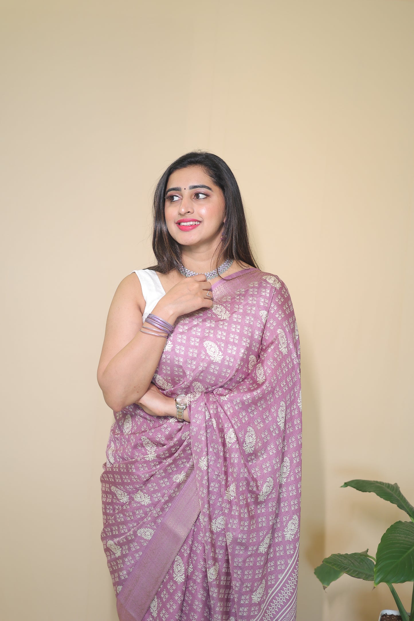 Lavender Banarasi Silk Saree with Intricate Silver Zari Work