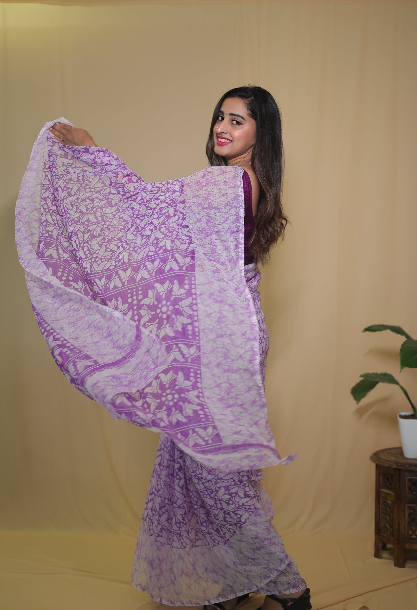 Purple and White Chiffon Saree with Elegant Floral Design