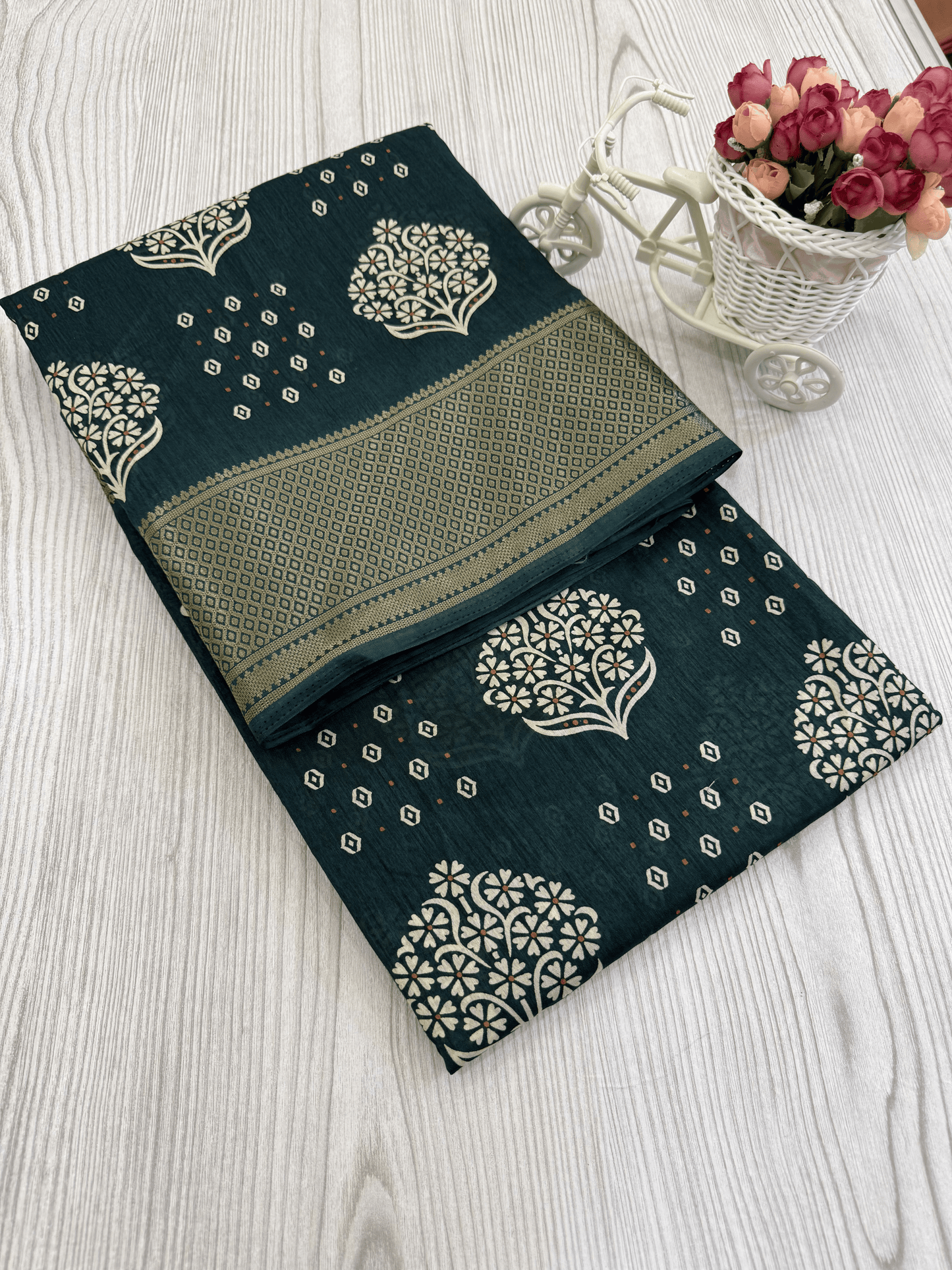Guntur Green Banarasi Silk Saree with Intricate White Floral Motifs