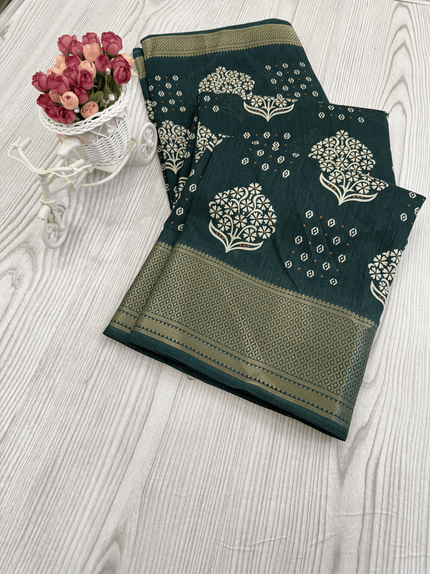 Guntur Green Banarasi Silk Saree with Intricate White Floral Motifs