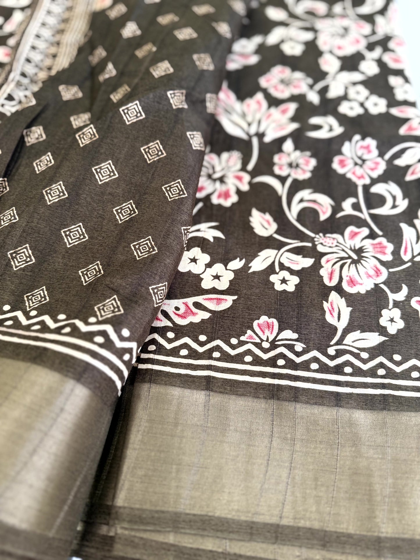 Light brown Banarasi Silk Saree with White Floral Motifs and Traditional Border