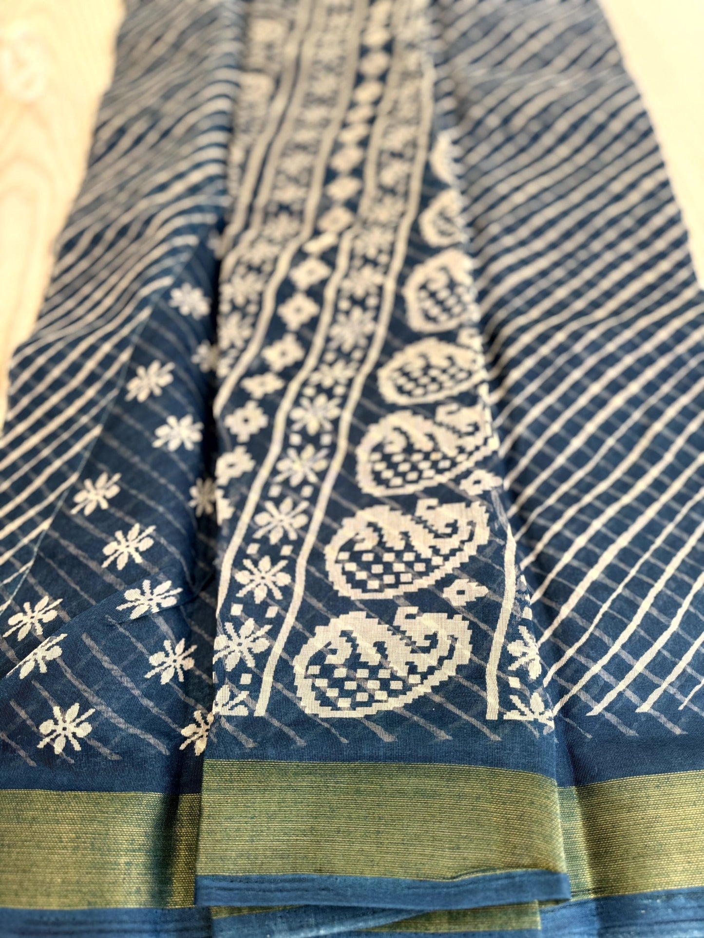 Elegant Sky Blue Cotton Saree with Intricate Paisley and Floral Patterns